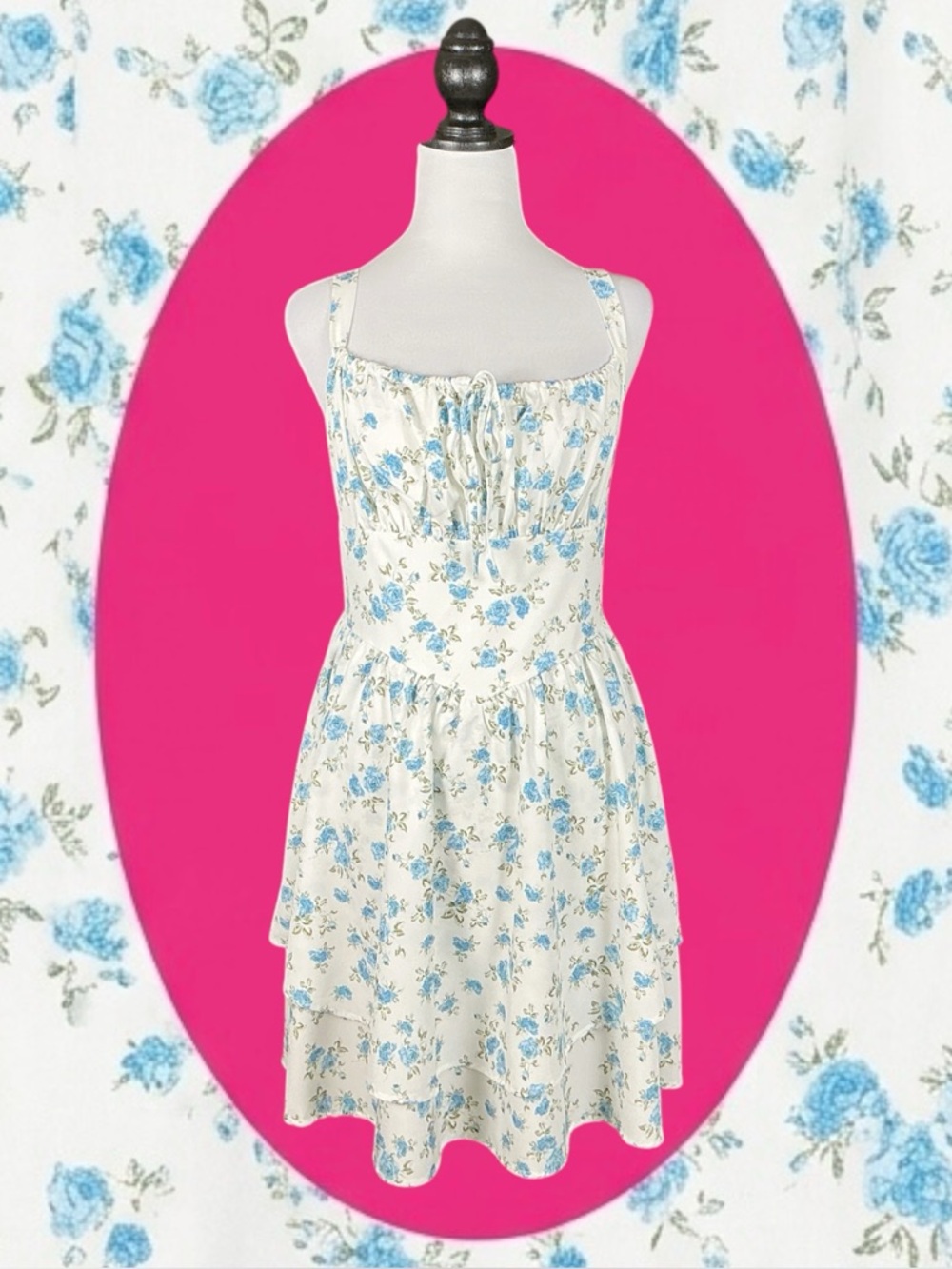 Scarlet Darkness Cottagecore White Blue Floral Sleeveless  Milkmaid Mini Dress L
